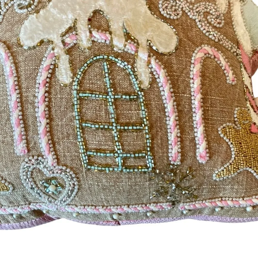 Sugarplum Dreams Christmas Gingerbread House Throw Pillow 17x15 Beaded NEW